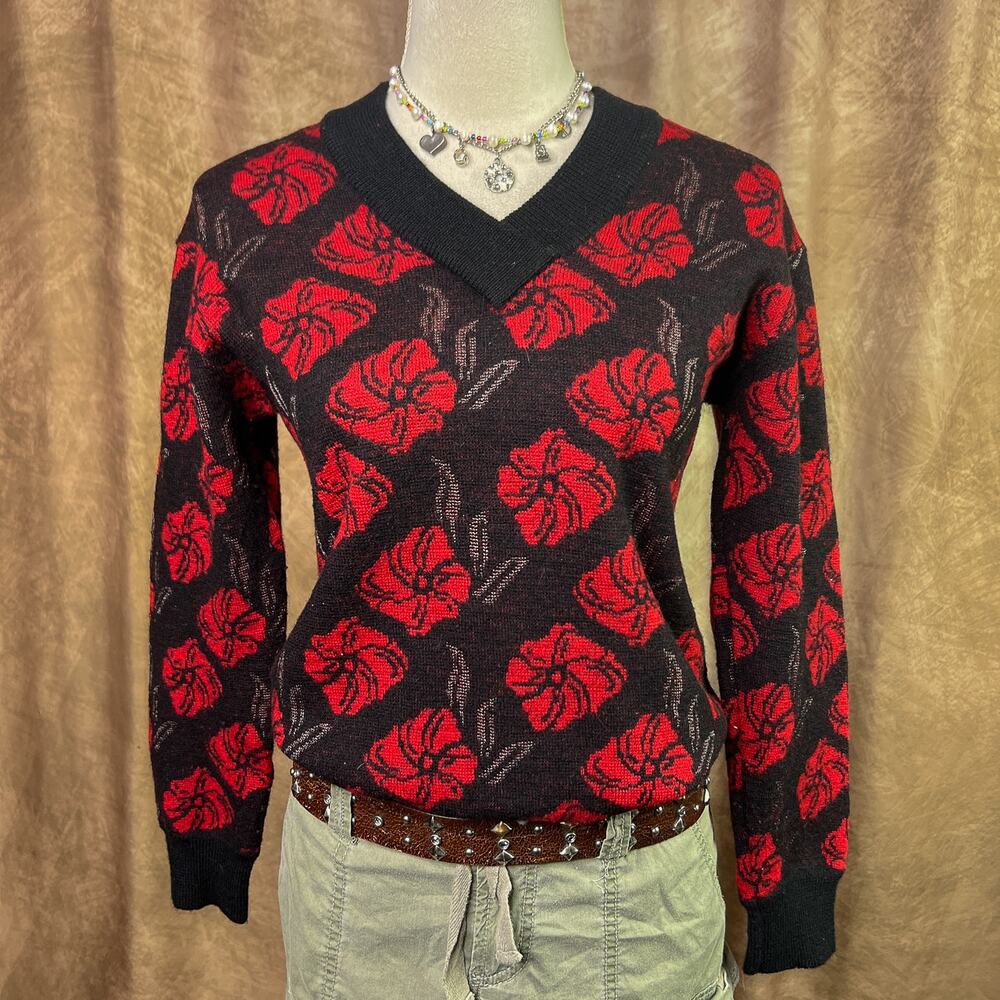 Vintage Floral Rose Sweater 90s Wool Knit Red Black V Neck Goth Indie Grunge